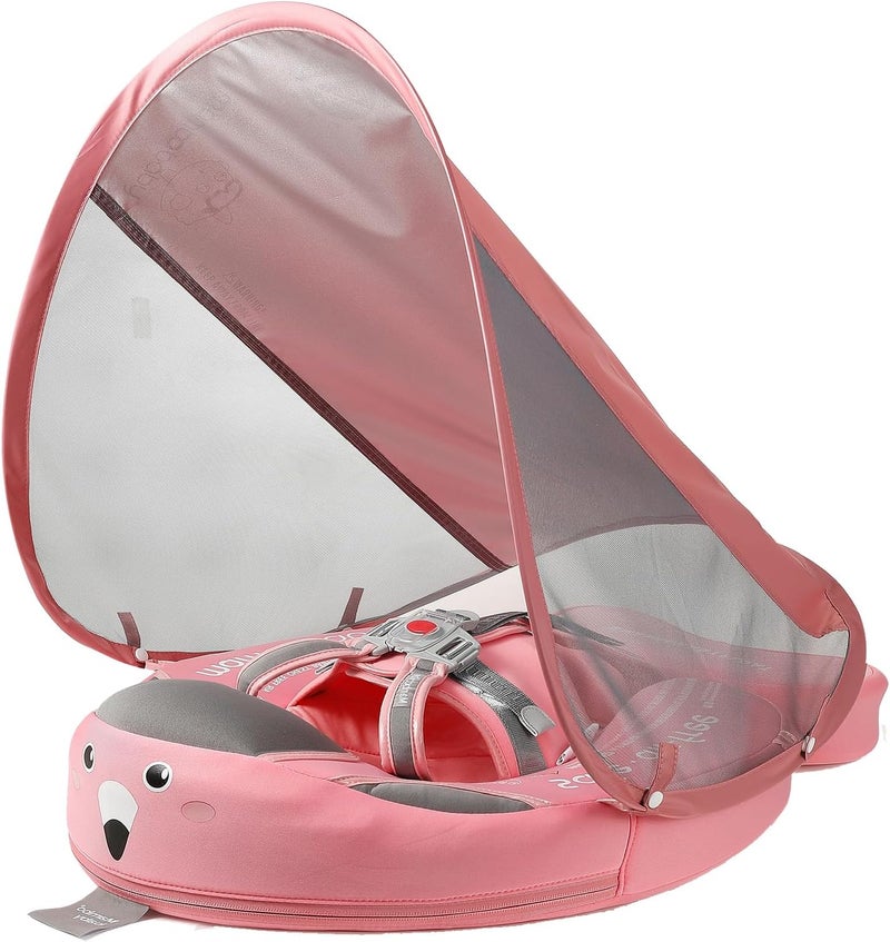AnjeeIOT Mambobaby Float with Canopy Baby Float Non-Inflatable Baby Pool Float Solid Swimming Float Upgraded Add Tail Never Flip Over for Infant 3-24 Months, Pink - Image 1